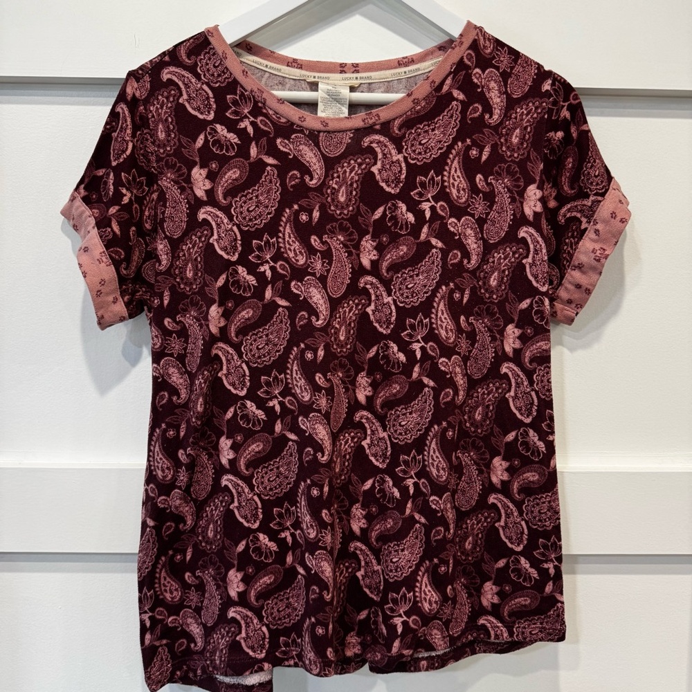 Lucky Brand Paisley Short Sleeve Tee in Burgundy and Pink